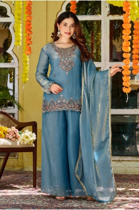 Satin Satin Palazzo Suit with Embroidered PZ4541