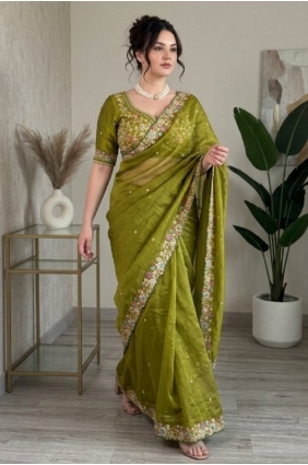 Saree in Mehendi green Satin with Embroidered SR30296