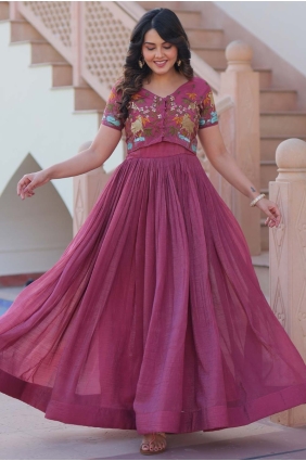 Onion Pink Satin Gown Dress with Embroidered GW1162