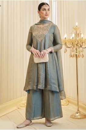 Satin Palazzo Suit in Grey with Embroidered PZ4535