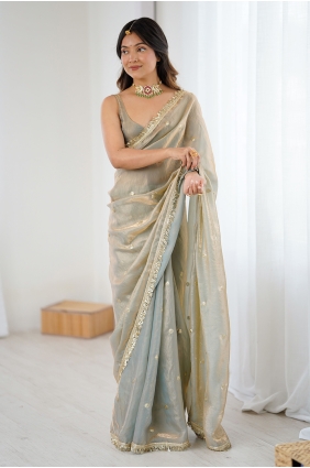 Satin Saree with Zari,sequins,embroidered in Chiku SR30339