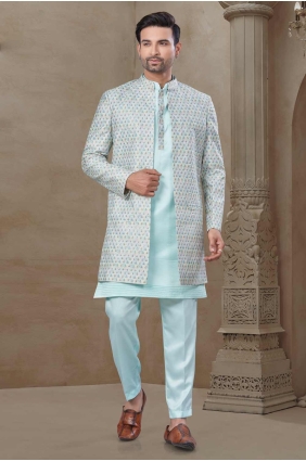 Sea green Men Kurta Pajama With Waistcoat with Printed Silk KURR514