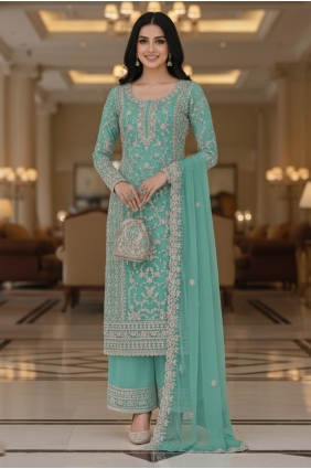 Embroidered Net Sea green Palazzo Suit with Dupatta PZ4469