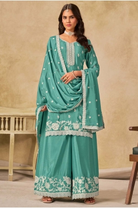 Embroidered Chinon chiffon Palazzo Suit in Sea green with Dupatta PZ4217