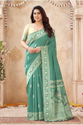 Weaving Raw silk Saree in Sea green with Blouse SR30411