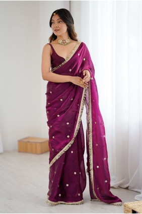 Sequins,embroidered Satin Saree in Wine with Blouse SR30347
