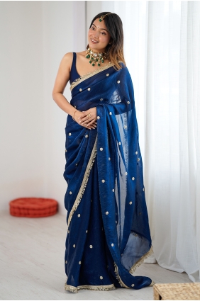 Sequins,embroidered Saree in Blue Satin SR30345