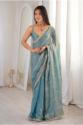 Satin Saree with Sequins,embroidered in Sky blue SR30346