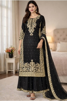 Black Silk Palazzo Suit with Sequins PZ4241