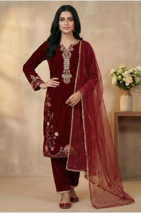Velvet Salwar Kameez in Maroon with Sequins SK156069