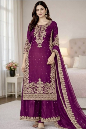 Purple Palazzo Suit with Sequins Silk PZ4359