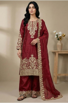 Sequins Silk Red Palazzo Suit with Dupatta PZ4344