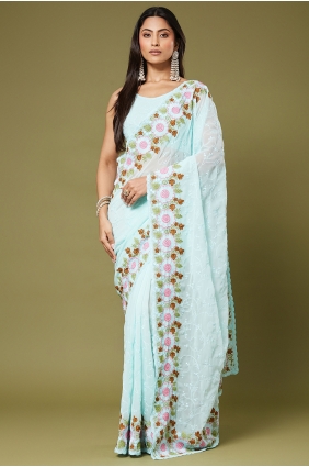 Chiffon Saree with Sequins,thread,embroidered in Sea green SR30325