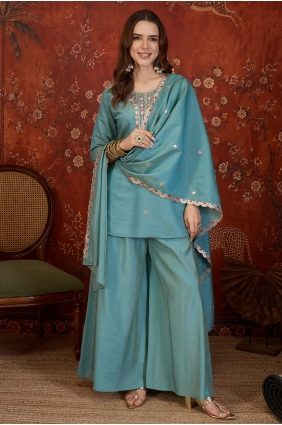 Embroidered Shimmer Palazzo Suit in Sky blue with Dupatta PZ4581