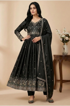 Thread Silk Salwar Kameez in Black AS4257