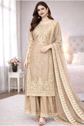 Beige Silk Sequins Palazzo Suit with Dupatta PZ4331