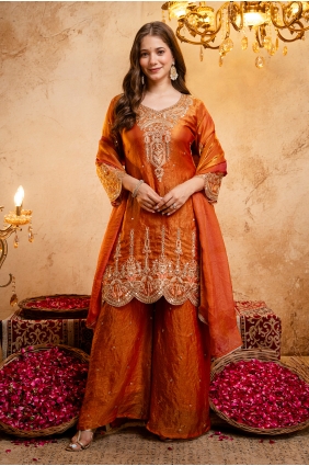 Orange Embroidered Palazzo Suit in Silk PZ4556