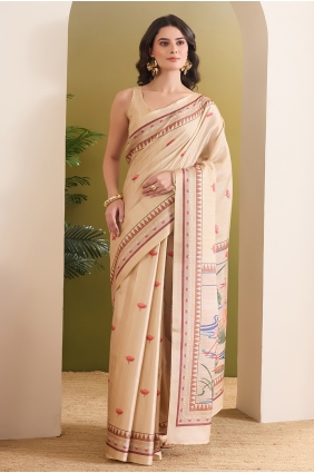 Silk Saree with Printed in Cream SR30393