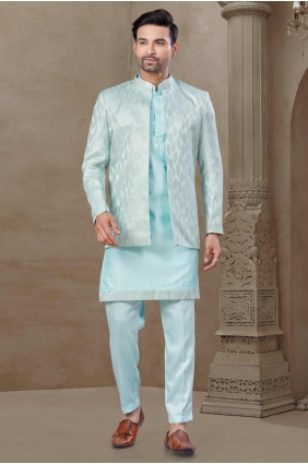 Silk Printed Sky blue Men Kurta Pajama With Waistcoat with Dupatta KURR518
