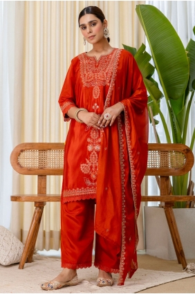 Rust Embroidered Salwar Kameez in Silk SK156092