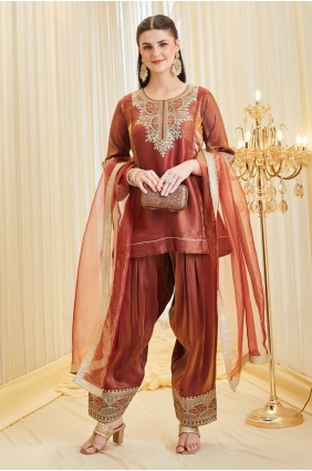 Rust Silk Salwar Kameez with Embroidered SK159070