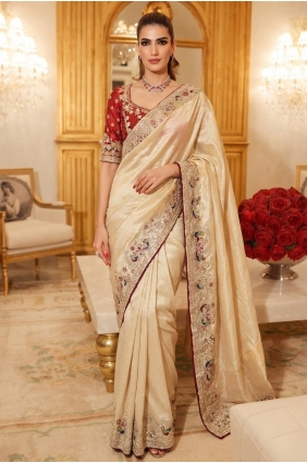 Silk Saree with Sequins,embroidered in Cream SR30300