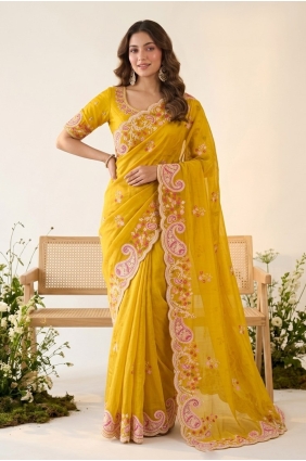 Yellow Embroidered Saree in Silk SR30299