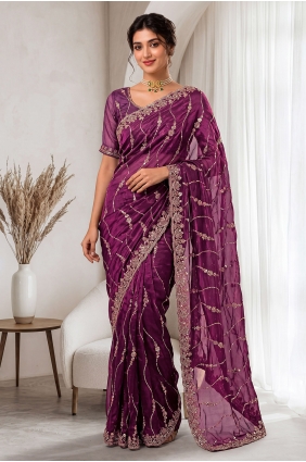 Hand,sequins Silk Saree in Burgundy with Blouse SR30194
