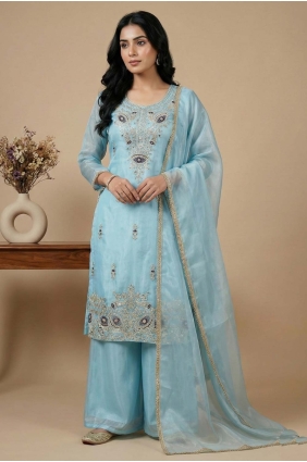 Sky blue Palazzo Suit in Silk with Sequins PZ4337