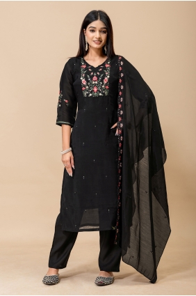 Silk Straight Pant Suit in Black with Embroidered SK159203