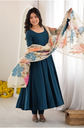 Embroidered Silk Anarkali Suit in Teal AS4364