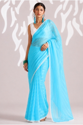 Sky blue Saree with Weaving,lace border Chiffon SR30382