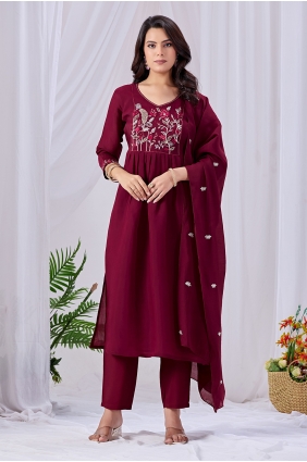 Maroon Straight Pant Suit in Cotton with Embroidered SK159186