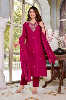 Viscose Pink Straight Pant Suit in Embroidered SK159219