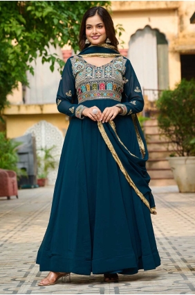 Embroidered Faux georgette Gown Dress in Teal blue GW1148
