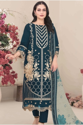 Straight Pant Suit in Teal blue Faux georgette with Embroidered SK159235