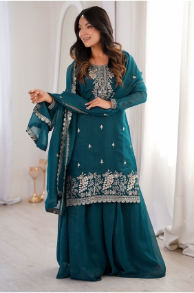 Chanderi silk Thread Teal blue Palazzo Suit with Dupatta PZ4420