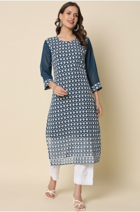 Teal Kurti in Georgette with Chikankari KTI2729
