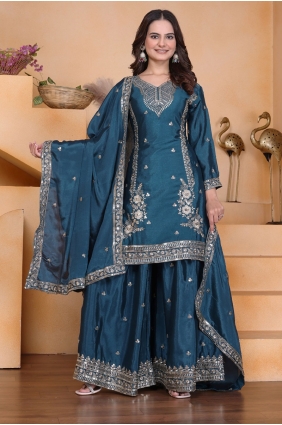Teal Embroidered Chiffon Palazzo Suit PZ4233