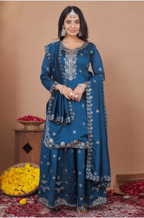 Teal Sequins Palazzo Suit in Silk PZ4424