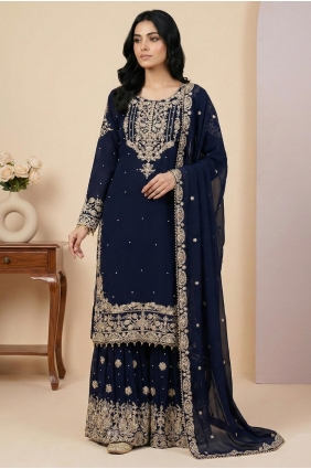 Faux georgette Thread Navy blue Sharara Suit with Dupatta SS1341