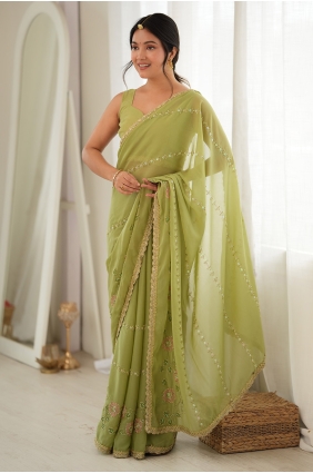 Georgette Saree in Pista with Thread SR30257