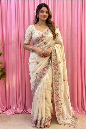 Off white Saree in Tissue with Embroidered SR30307