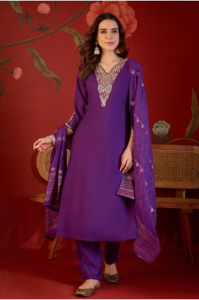 Violet Silk Embroidered Straight Pant Suit with Dupatta SK159251