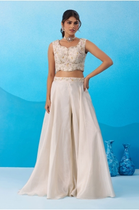 Cream Viscose Embroidered Palazzo Suit with Dupatta PZ4498