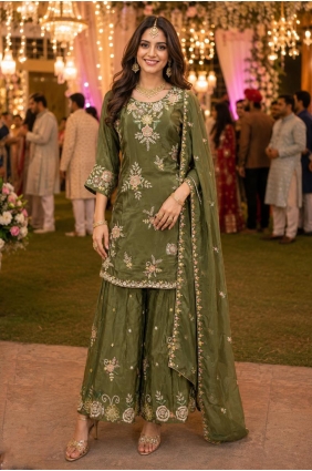 Mehendi green Viscose Embroidered Sharara Suit with Dupatta SS1373
