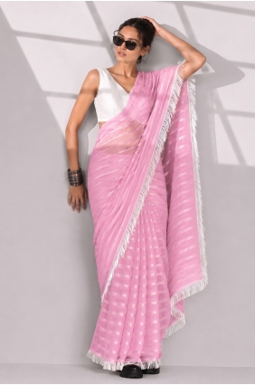 Pink Saree in Chiffon with Weaving,lace border SR30388