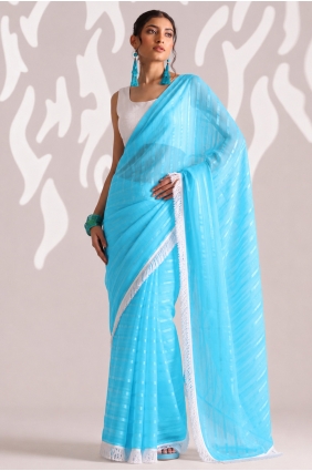 Weaving,lace border Saree in Sky blue Chiffon SR30386