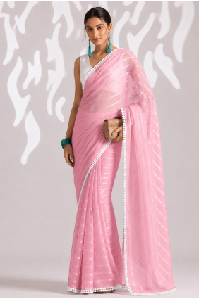 Weaving,lace border Chiffon Saree in Peach SR30385