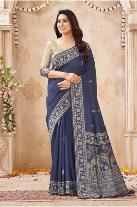Saree in Blue Raw silk with Weaving SR30412